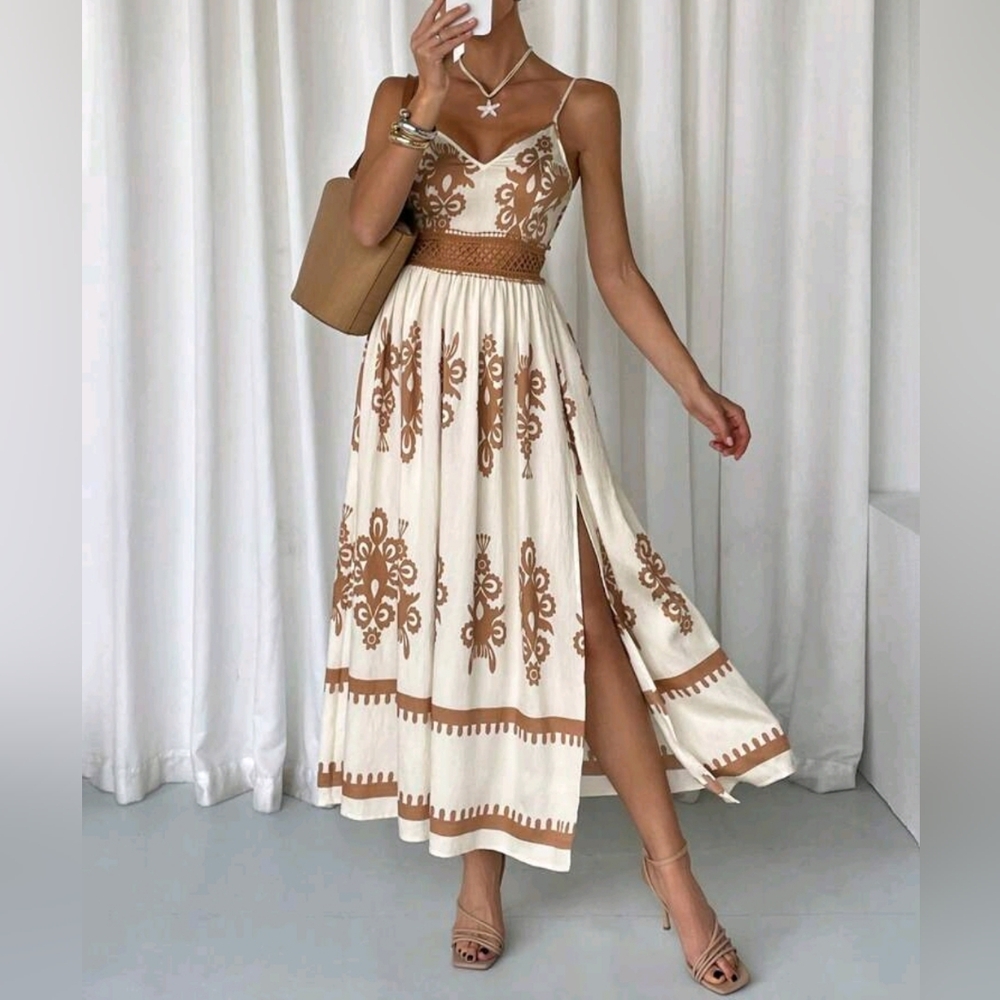 New Boho Floral Print Split Hem Cami Dress Cream Tan - Picture 5 of 9